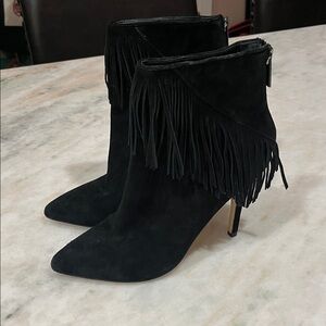Saks Fifth Avenue Black Suede Fringe Heeled Boots
